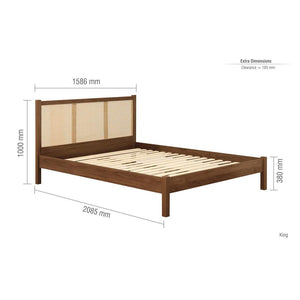 Wooden bed frame with dimensions on a white background