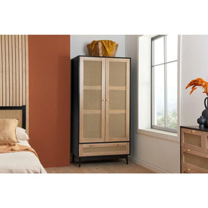 Wooden wardrobe with rattan style doors in a bedroom setting