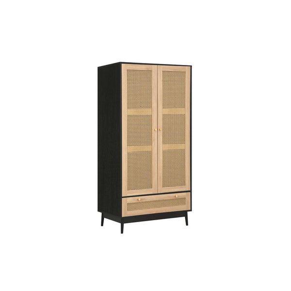 Black and beige cabinet with rattan style doors on a white background