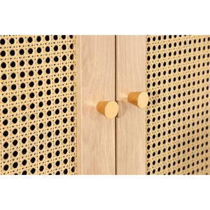 Wooden wardrobe with rattan panels and gold handles
