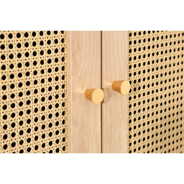 Wooden wardrobe with rattan panels and gold handles