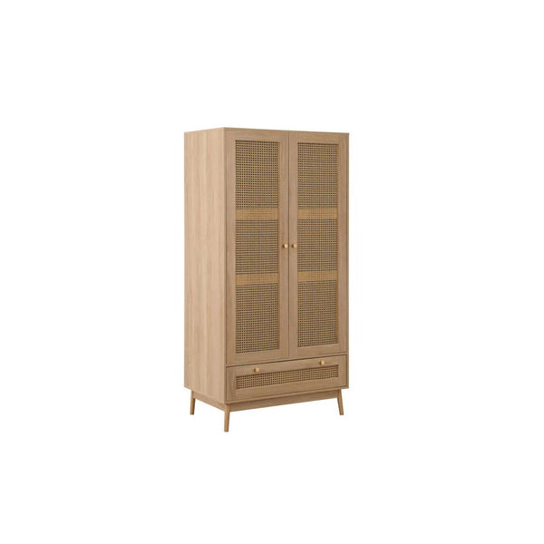 Wooden wardrobe with rattan style doors on a white background