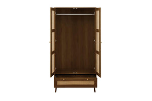 Wooden wardrobe with open doors on a white background