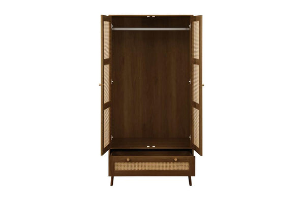 Wooden wardrobe with open doors on a white background