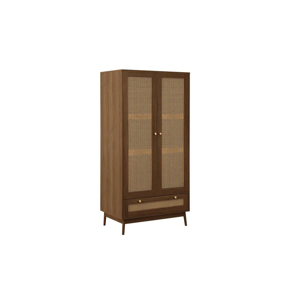 Wooden wardrobe with rattan style doors on a white background