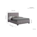 Gray upholstered bed with dimensions labeled on a white background