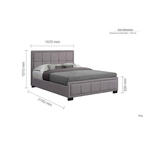 Gray upholstered bed with dimensions labeled on a white background
