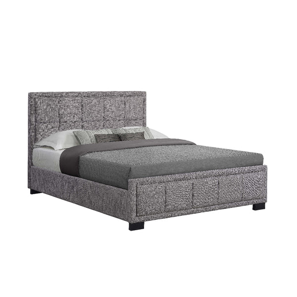 Gray upholstered bed with bedding on a white background