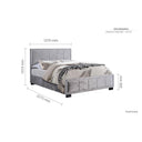 Gray upholstered bed with dimensions labeled on a white background