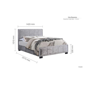 Gray upholstered bed with dimensions labeled on a white background