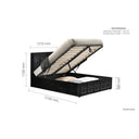 Black upholstered bed with open storage space, dimensions labeled on a white background