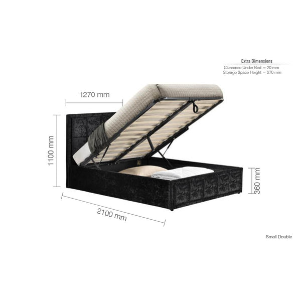 Black upholstered bed with open storage space, dimensions labeled on a white background