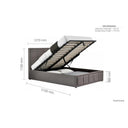 Gray upholstered bed with storage compartments and dimensions labeled on a white background