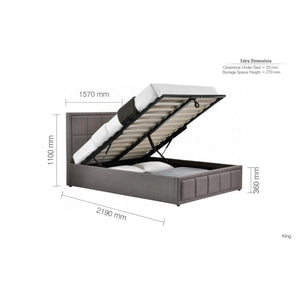 Gray upholstered bed with storage compartments and dimensions labeled on a white background