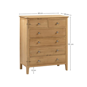 Wooden chest of drawers with dimensions labeled on a white background