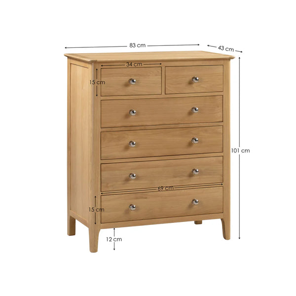 Wooden chest of drawers with dimensions labeled on a white background