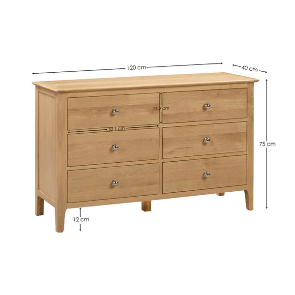 Wooden dresser with dimensions on a white background
