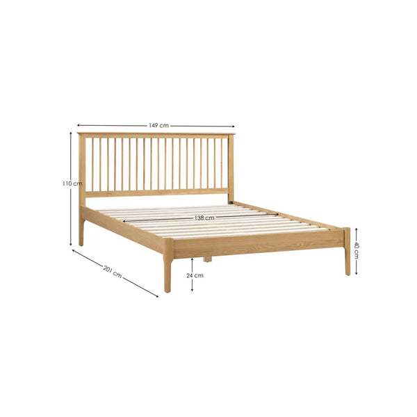 Wooden bed frame with dimensions on a white background