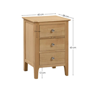 Wooden nightstand with dimensions on a white background