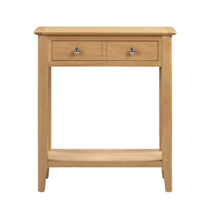 Wooden console table with two drawers on a white background