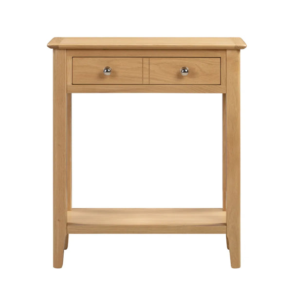 Wooden console table with two drawers on a white background