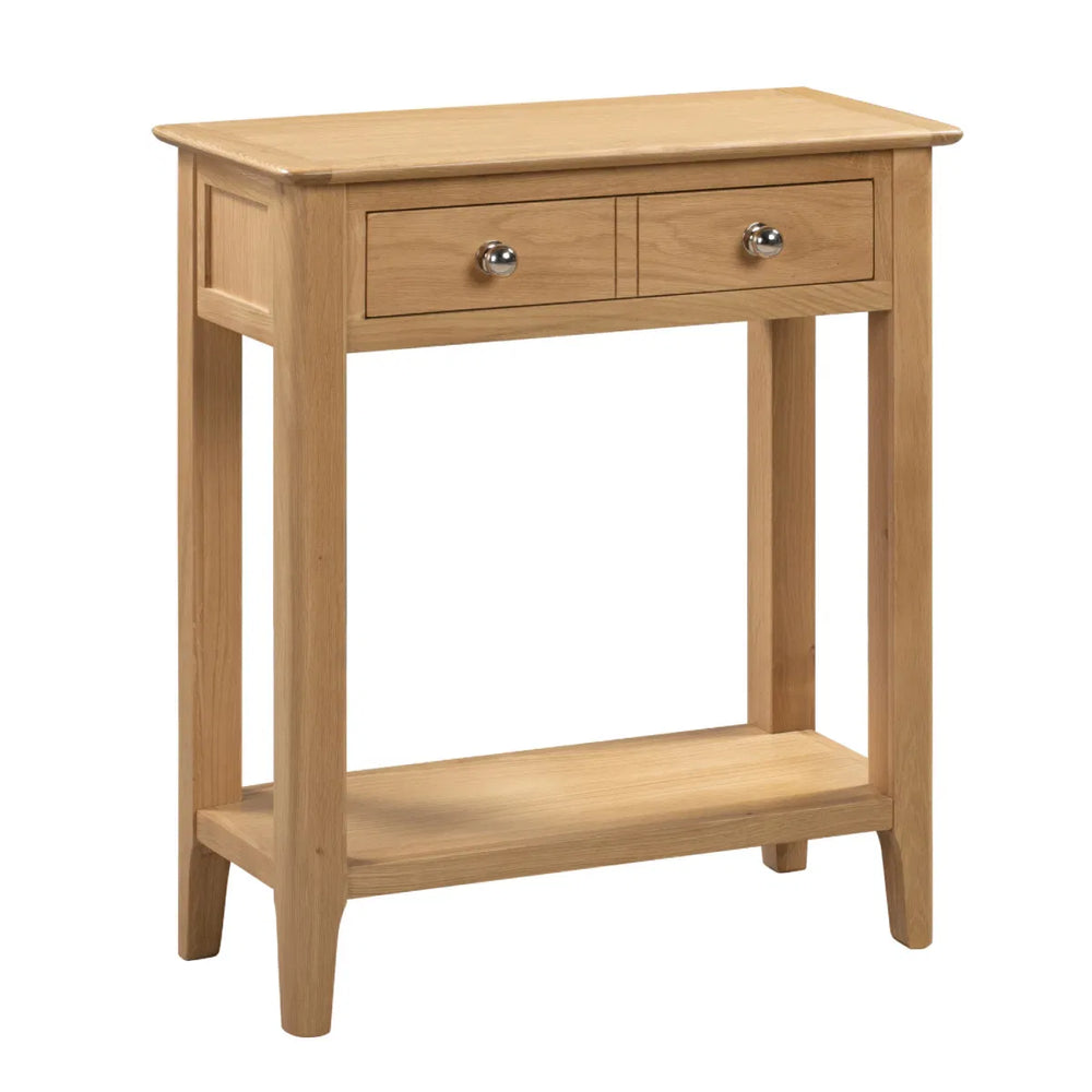 Wooden console table with two drawers on a white background
