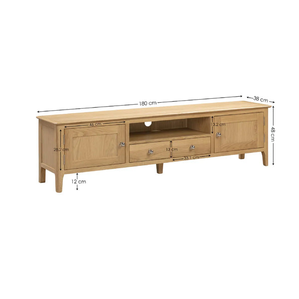 Wooden TV stand with dimensions labeled on a white background
