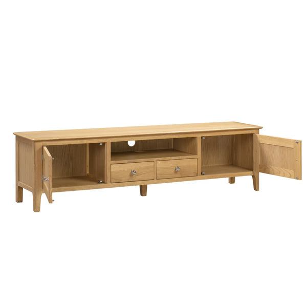 Wooden TV stand with open doors on a white background