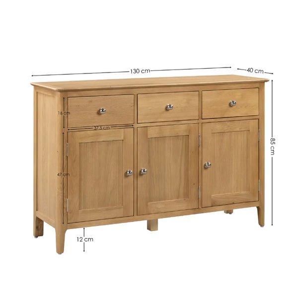 Wooden sideboard with dimensions on a white background