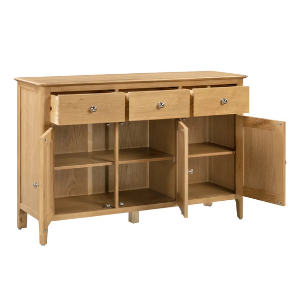 Wooden sideboard with open doors and drawers on a white background