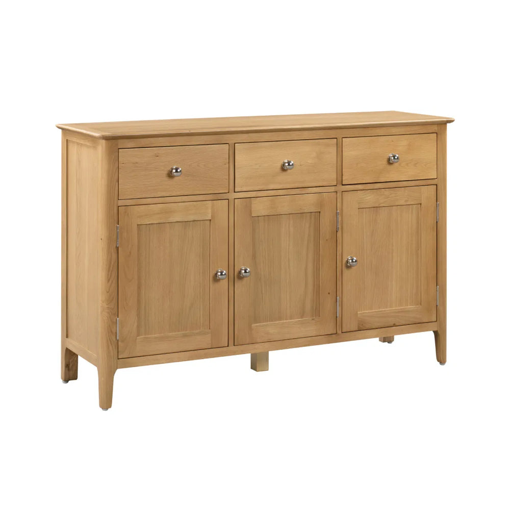 Wooden sideboard with three doors and three drawers on a white background