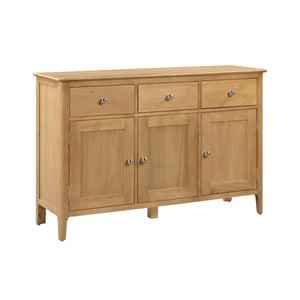 Wooden sideboard with three doors and three drawers on a white background
