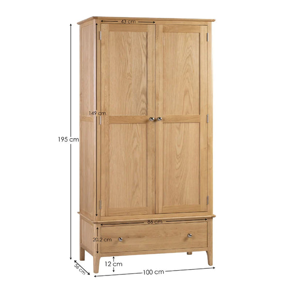 Wooden wardrobe with dimensions on a white background