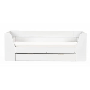 White wooden bed with a drawer on a white background