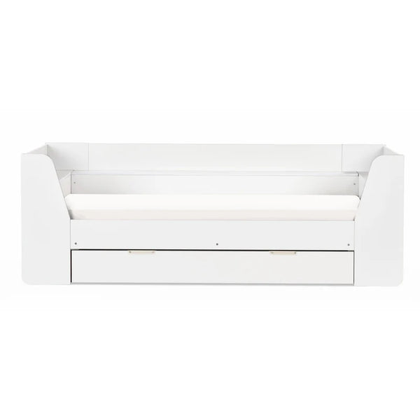 White wooden bed with a drawer on a white background