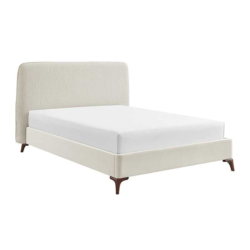Beige upholstered bed with white mattress on a white background