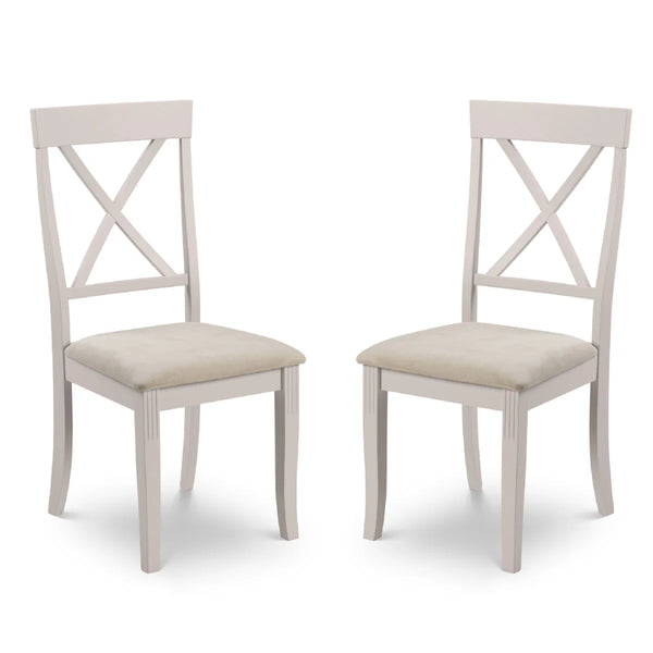 Two white chairs with beige seats on a white background