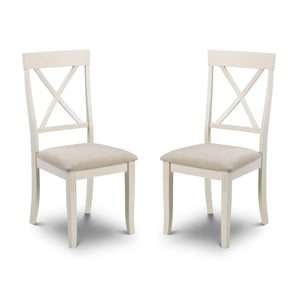 Two white chairs with beige seats on a white background
