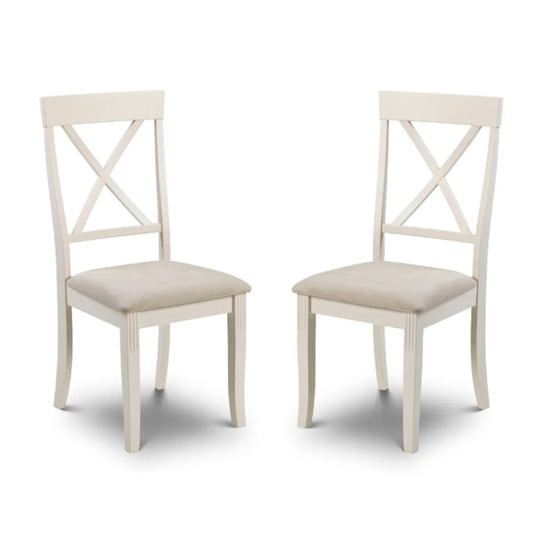 Two white chairs with beige seats on a white background