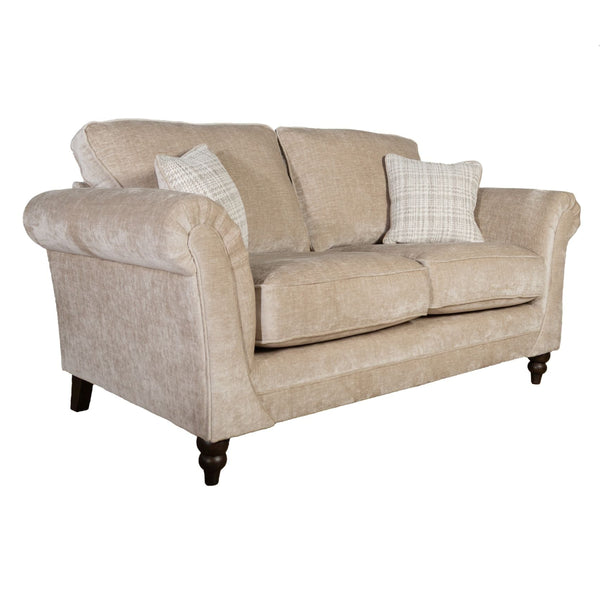 Beige sofa with plaid cushions on a white background