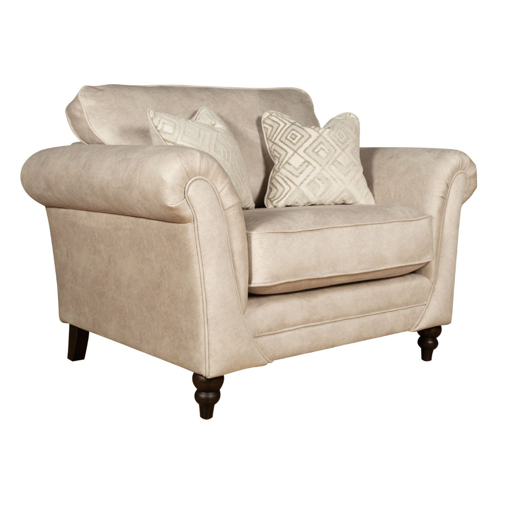Beige love chair with decorative pillows on a white background