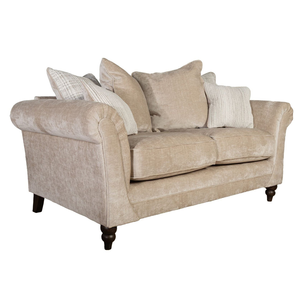 Beige sofa with plaid cushions on a white background