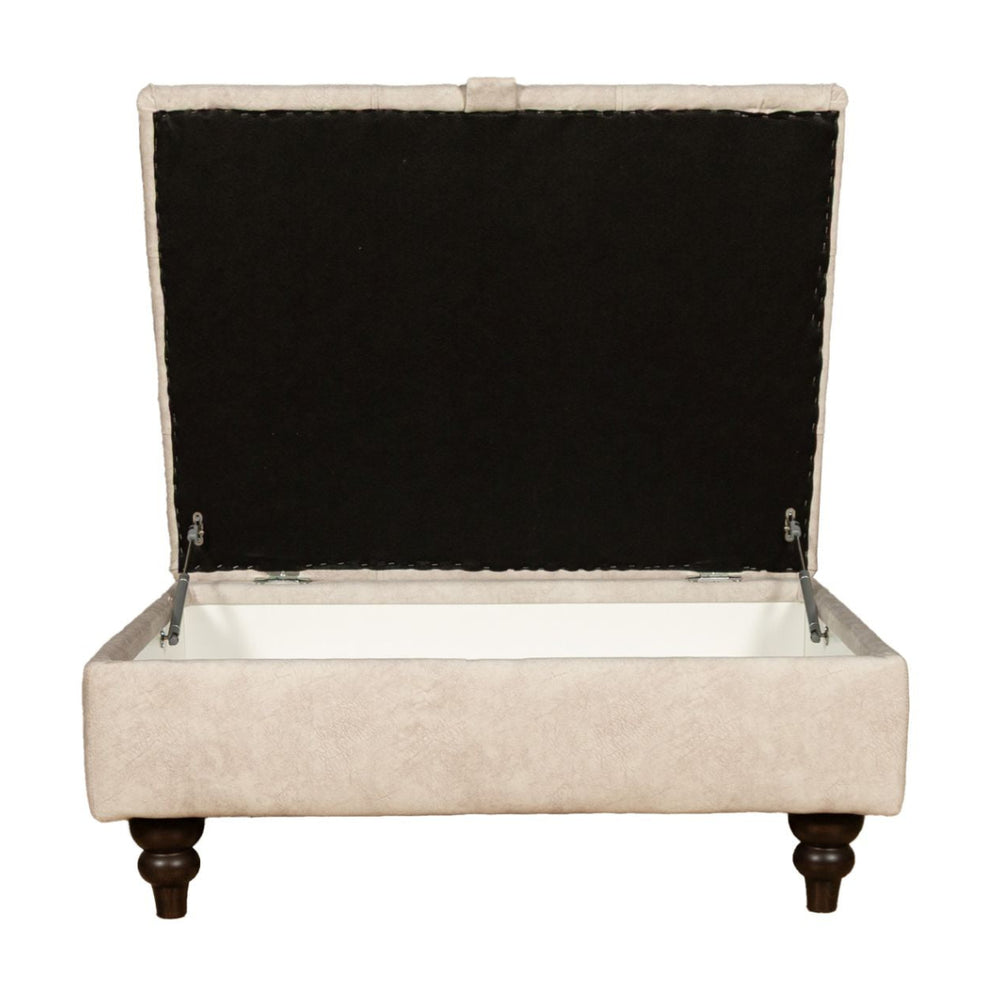 Beige storage ottoman with dark wood legs on a white background
