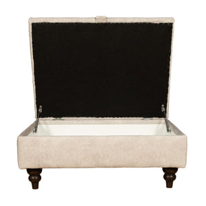 Beige upholstered storage ottoman with open lid on a white background