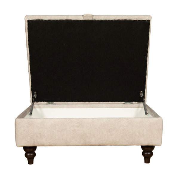 Beige upholstered storage ottoman with open lid on a white background