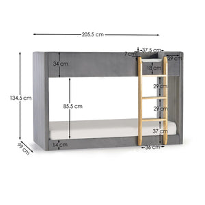 Bunk bed with dimensions labeled on a white background