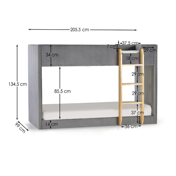 Bunk bed with dimensions labeled on a white background