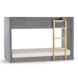 Gray bunk bed with a wooden ladder on a white background