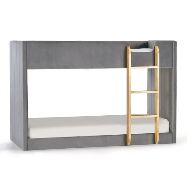 Gray bunk bed with a wooden ladder on a white background