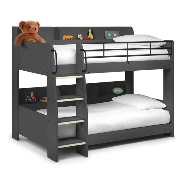 Bunk bed with white bedding and a teddy bear on top, on a white background